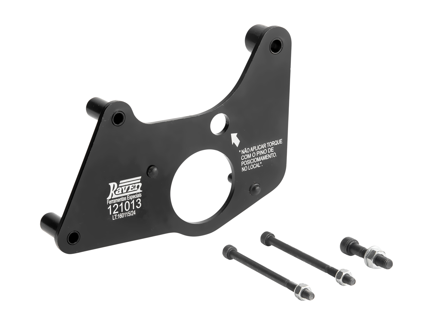 Produto Raven 121013 - Ferramenta para travar a polia da árvore de manivelas (durante sua remoção e instalação), impedindo o giro da polia.<ul><li>Aplicação veículos Ford:</li><li>Ka 2ª ger. 1.0 12V (3 cils.) Ti-VCT (14-21).</li><li>Ka+ (sedan) 2ª ger. 1.0 12V (3 cils.) Ti-VCT (14-18).</li><li>Ka Sedan 2ª ger. 1.0 12V (3 cils.) Ti-VCT (18-21).</li><li>Fixação na tampa dianteira do motor.</li><li>Suporta o elevado torque de aperto aplicado ao parafuso da polia.</li><li>Mantém a polia travada em sua posição de sincronismo.</li><li>Acompanha 3 parafusos e porcas.</li><li>Usar com 121126.</li></ul> - Motor